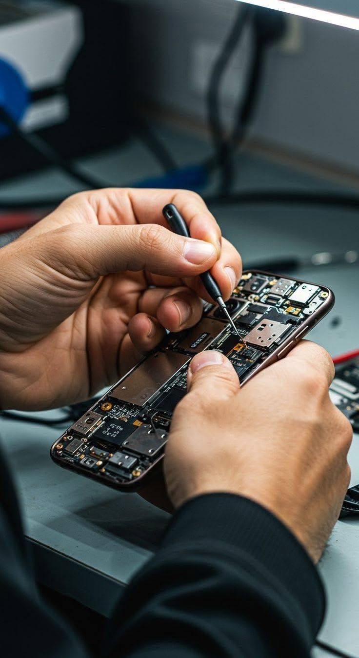 Técnico da EZ Store realizando manutenção em celular